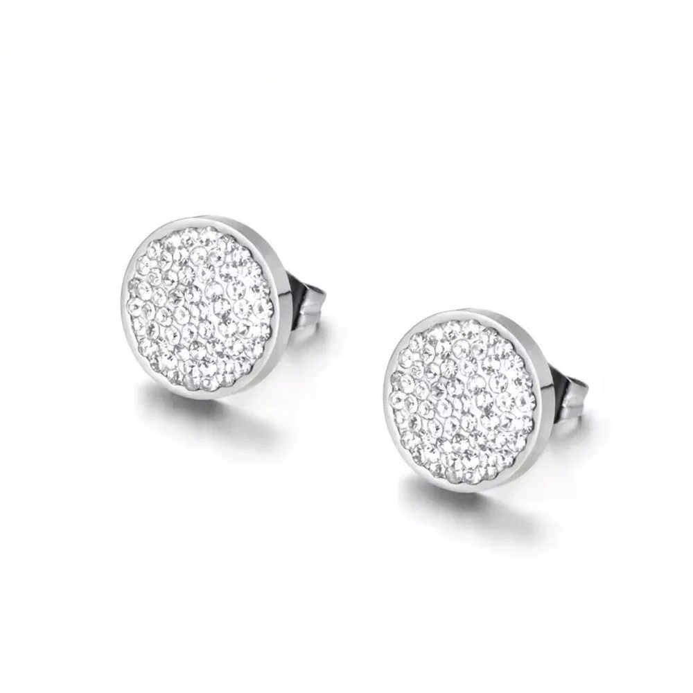 Sparkling Iced Crystal Round Stud Earrings Silver Plated Stainless‎